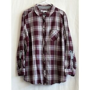 Foxcroft NYC Womens 20W Burgundy Plaid Roll Tab Sleeve Button Down Shirt Top‎